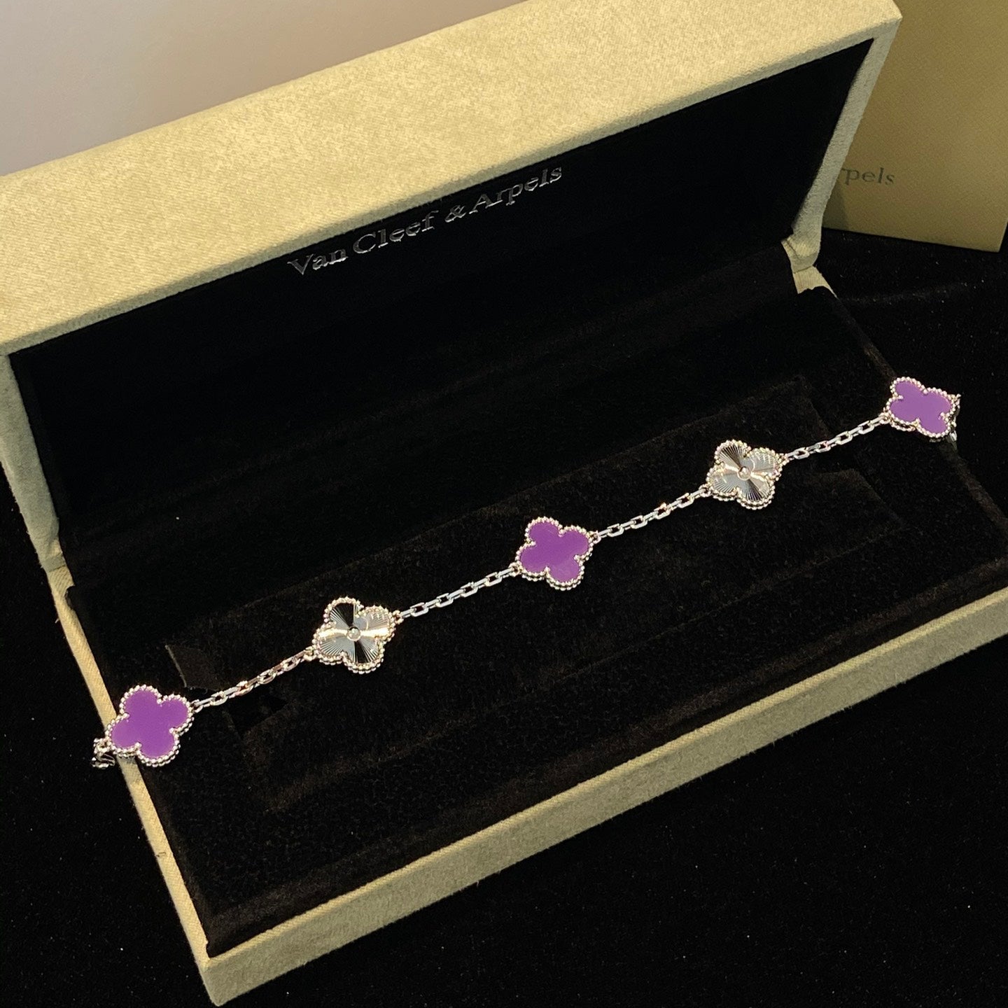 [AuraEcho]CLOVER  5 MOTIFS  PURPLE VIOLET BRACELET SILVER