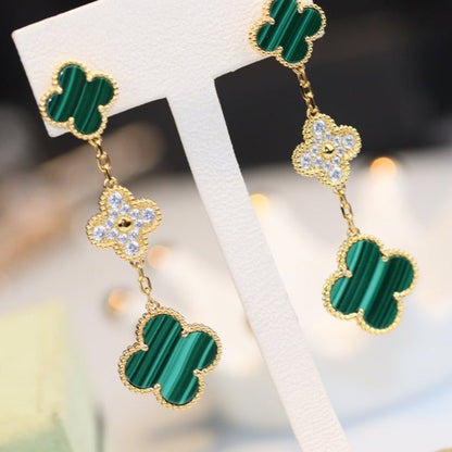 [AuraEcho]CLOVER EARRINGS GOLD MALACHITE DIAMOND 3 MOTIF
