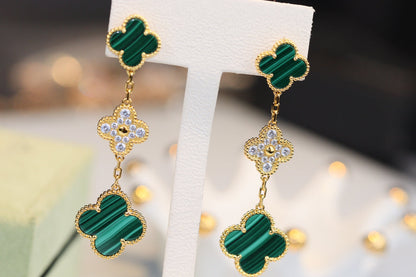 [AuraEcho]CLOVER EARRINGS GOLD MALACHITE DIAMOND 3 MOTIF