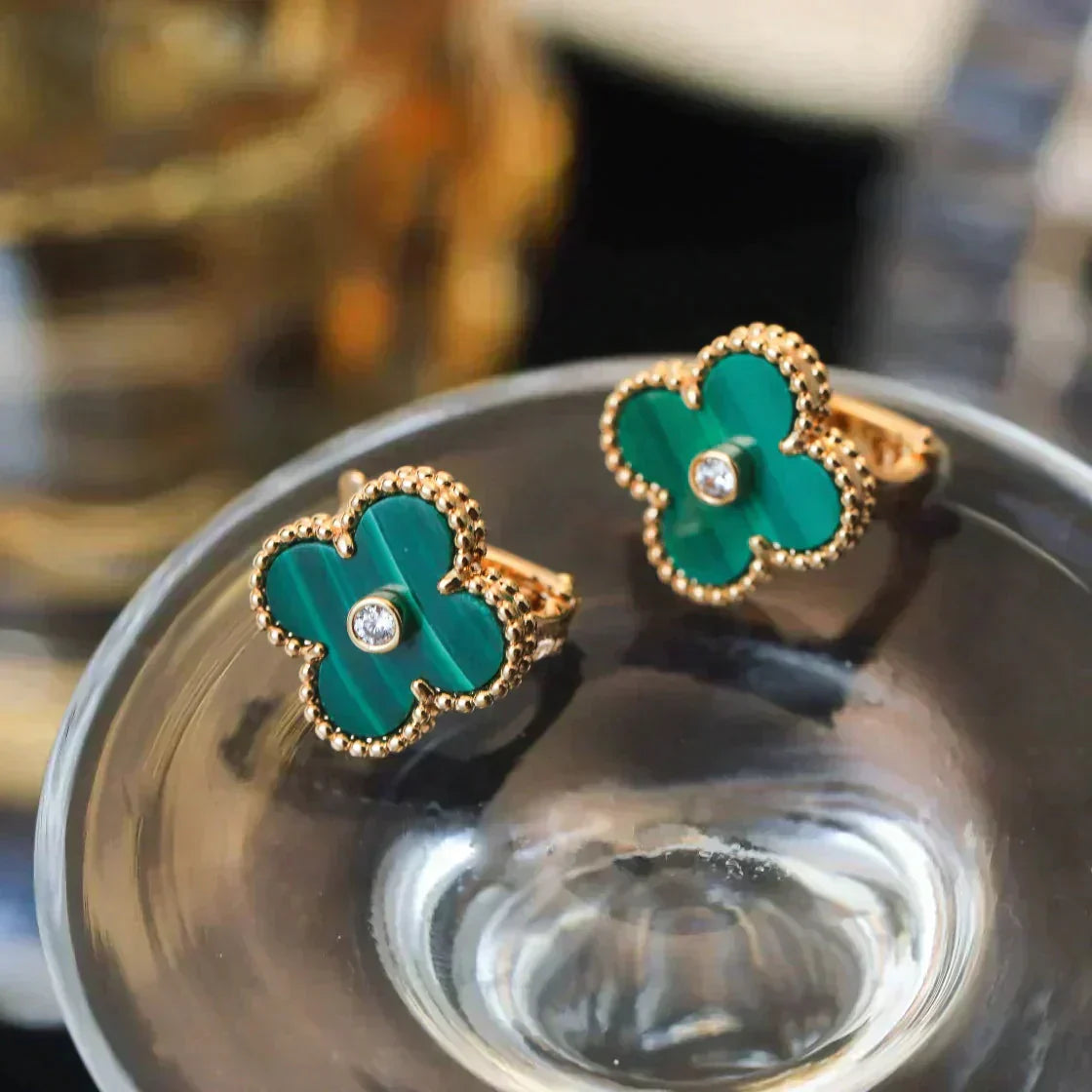 [AuraEcho]CLOVER MEDIUM 1 MOTIFS MALACHITE DIAMOND EARRINGS