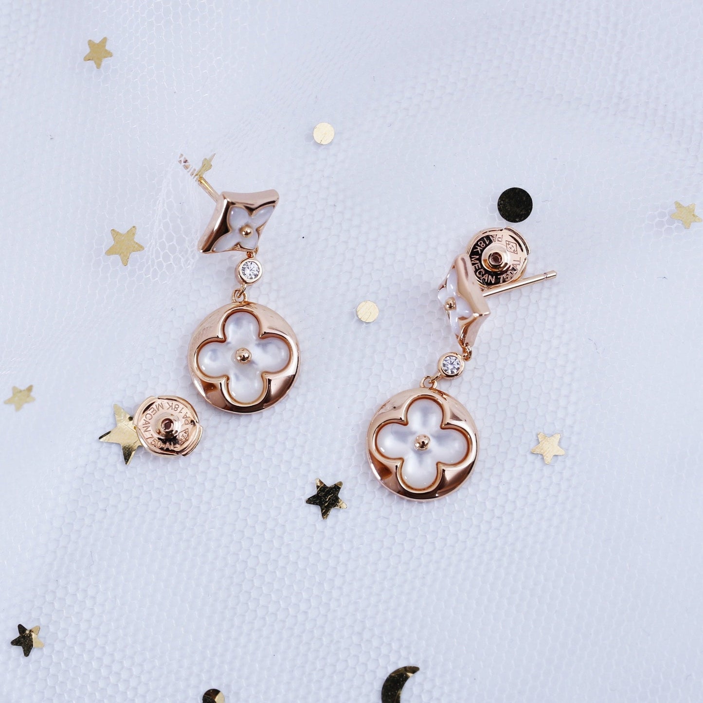 [AuraEcho]STAR AND SUN PINK GOLD MOP DROP EARRINGS