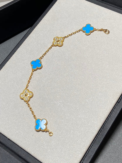[AuraEcho]CLOVER 5 MOTIF BLUE CHALCEDONY DIAMOND GOLD BRACELET