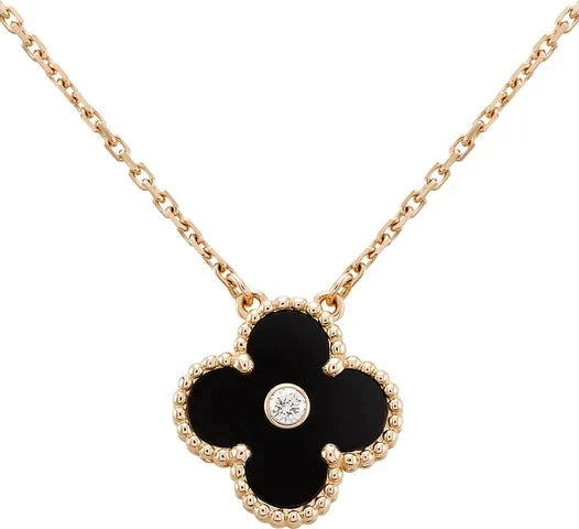 [AuraEcho]CLOVER 15MM DIAMOND ONYX NECKLACE