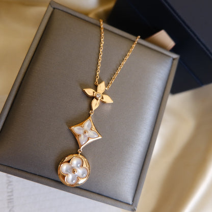 [AuraEcho]COLOR BLOSSOM LARIAT NECKLACE PINK GOLD WHITE MOTHER PEARL AND DIAMOND