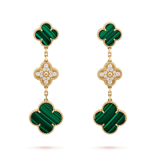 [AuraEcho]CLOVER EARRINGS GOLD MALACHITE DIAMOND 3 MOTIF