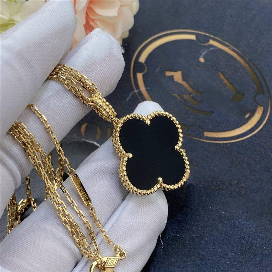 [AuraEcho]CLOVER 25MM GOLD ONYX BIG CLOVER NECKLACE